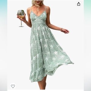 Women's Light Green Floral Spaghetti Strap Midi Sundress - Size S